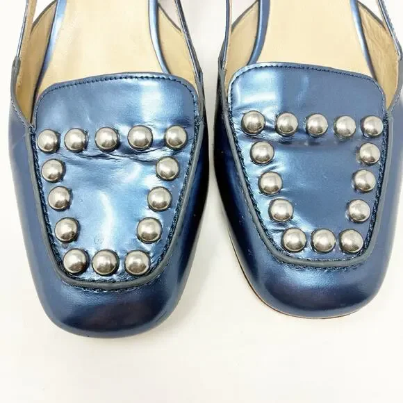 Coach Patent Leather Metallic Blue Studded Block Heel Sling Back Mules 8 - Picture 6 of 7